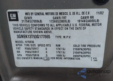 2003 Chevrolet Avalanche 1500 из США, поврежденный, VIN 3GNEK13T93G177665